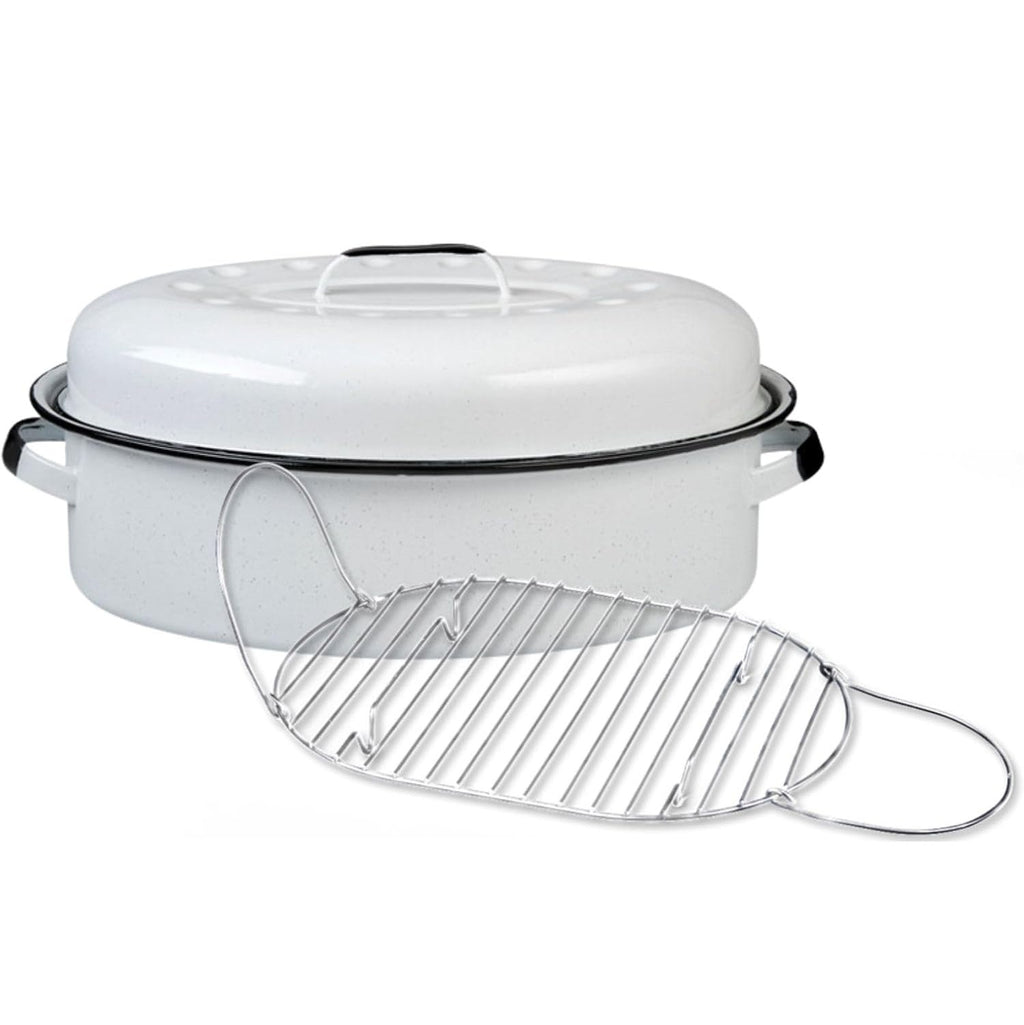 Large 18" inch Enameled White Roaster with Rack -15 lb Capacity