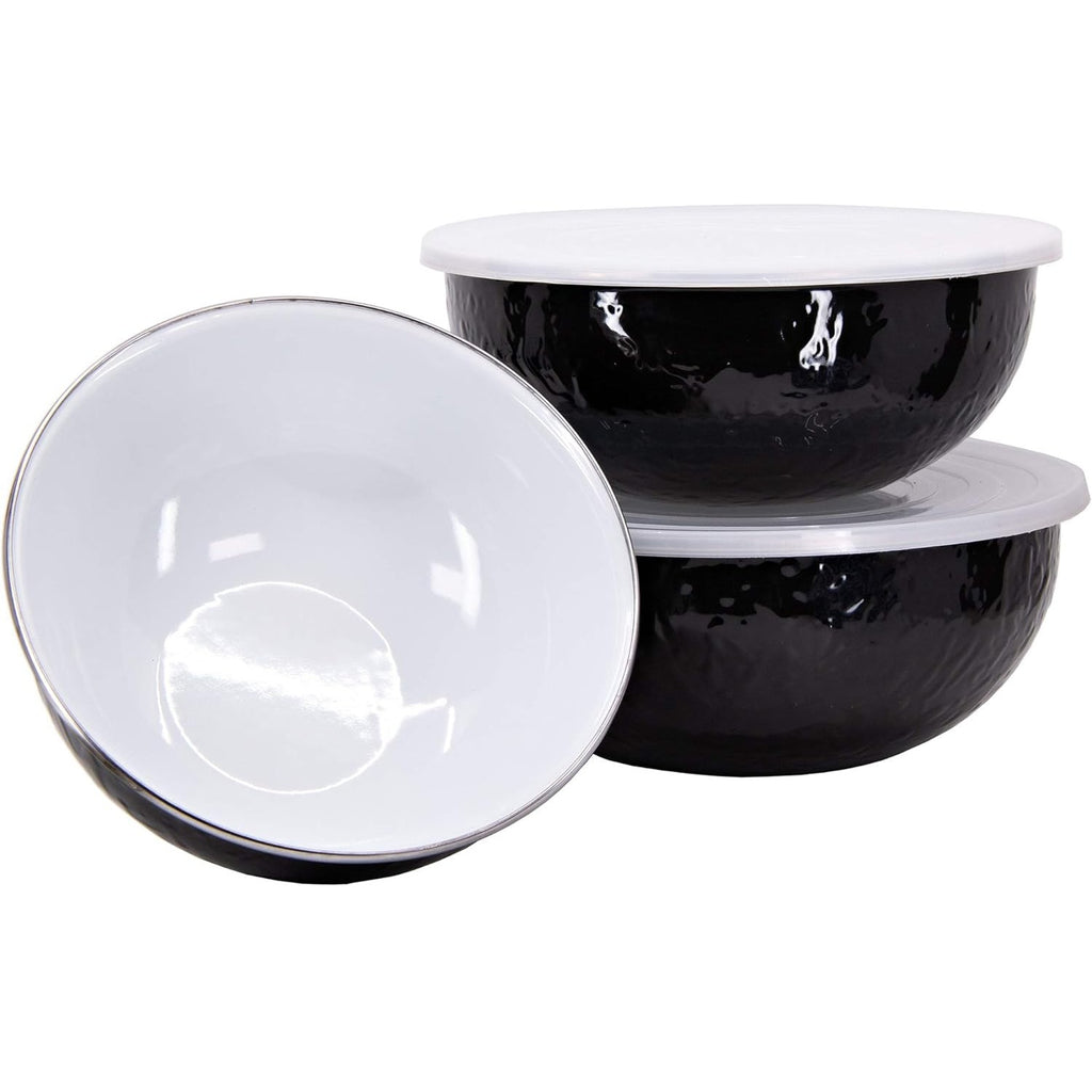 Enamelware 3-Piece Nesting Mixing Bowl Set with Lids -Solid Black