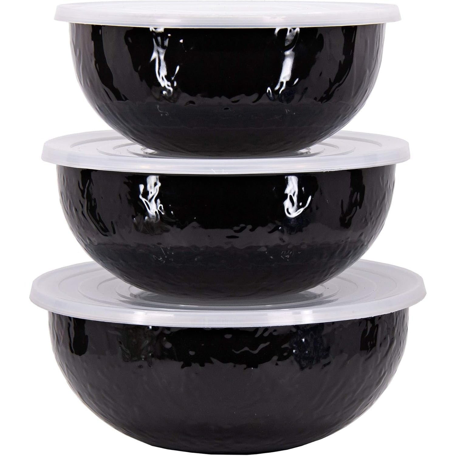 Enamelware 3-Piece Nesting Mixing Bowl Set with Lids -Solid Black