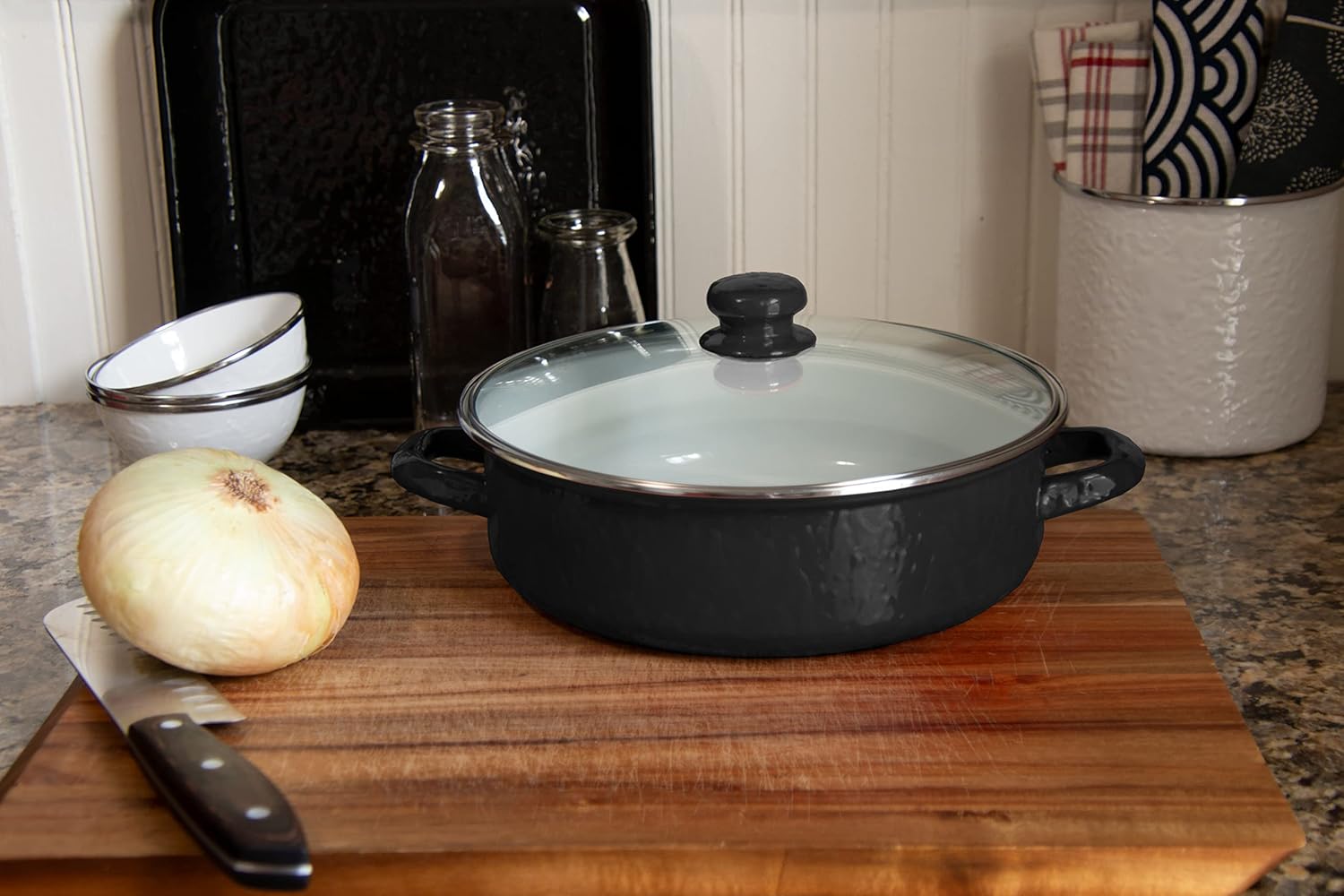 Enamelware Sauté Pan/ Casserole with Glass Lid - 5 Quart -Solid Black