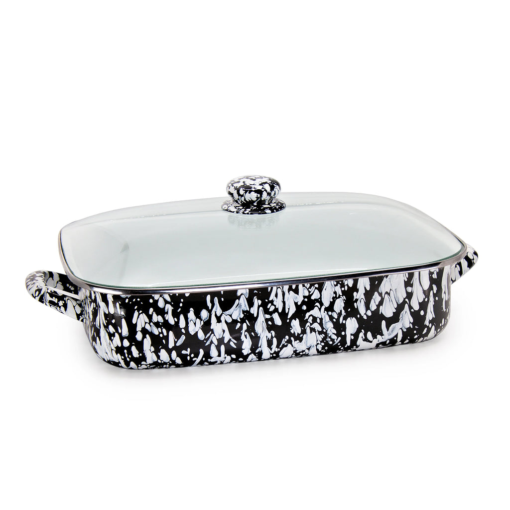 Enamelware Roasting Pan with Glass Lid - 10.5 Quart -Black Swirl