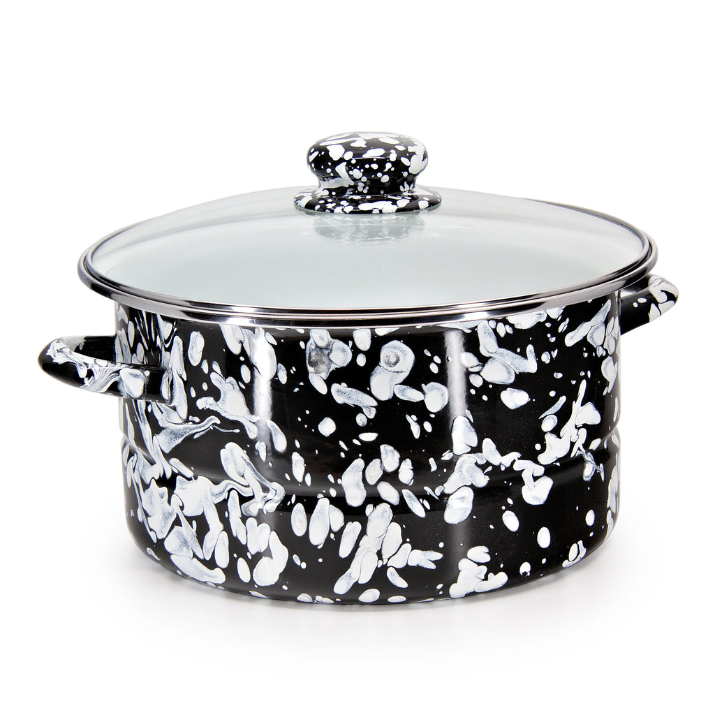 Enamelware 6 Quart Stock Pot with Glass Lid - Black Swirl