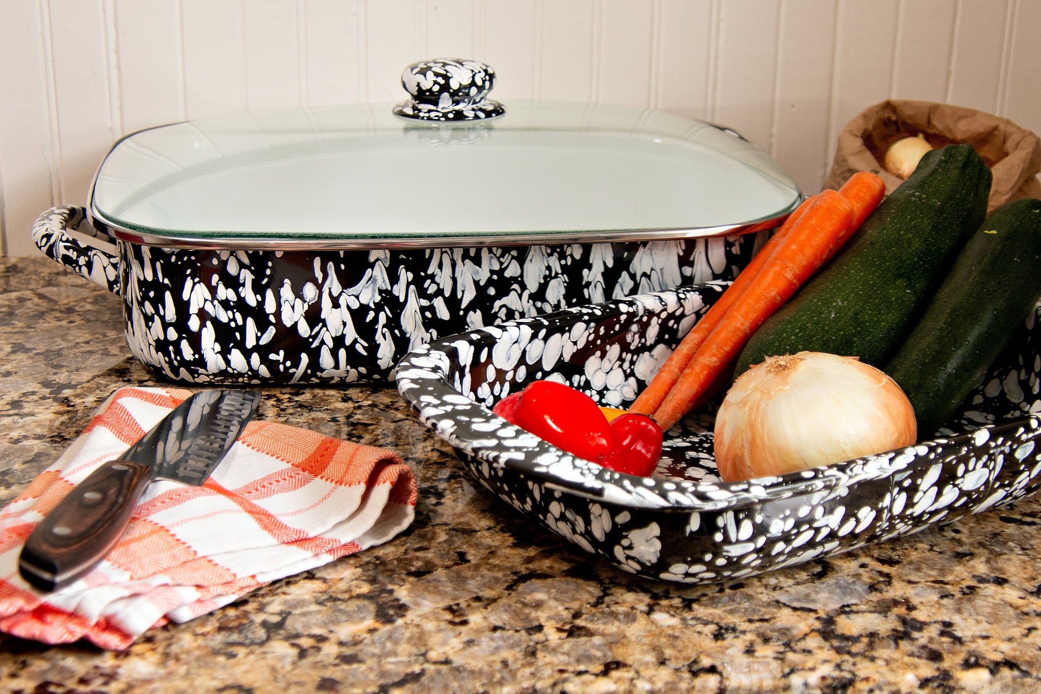 Enamelware Rectangular Baking Pan/ Roasting Dish 12" x 9"- Black Swirl