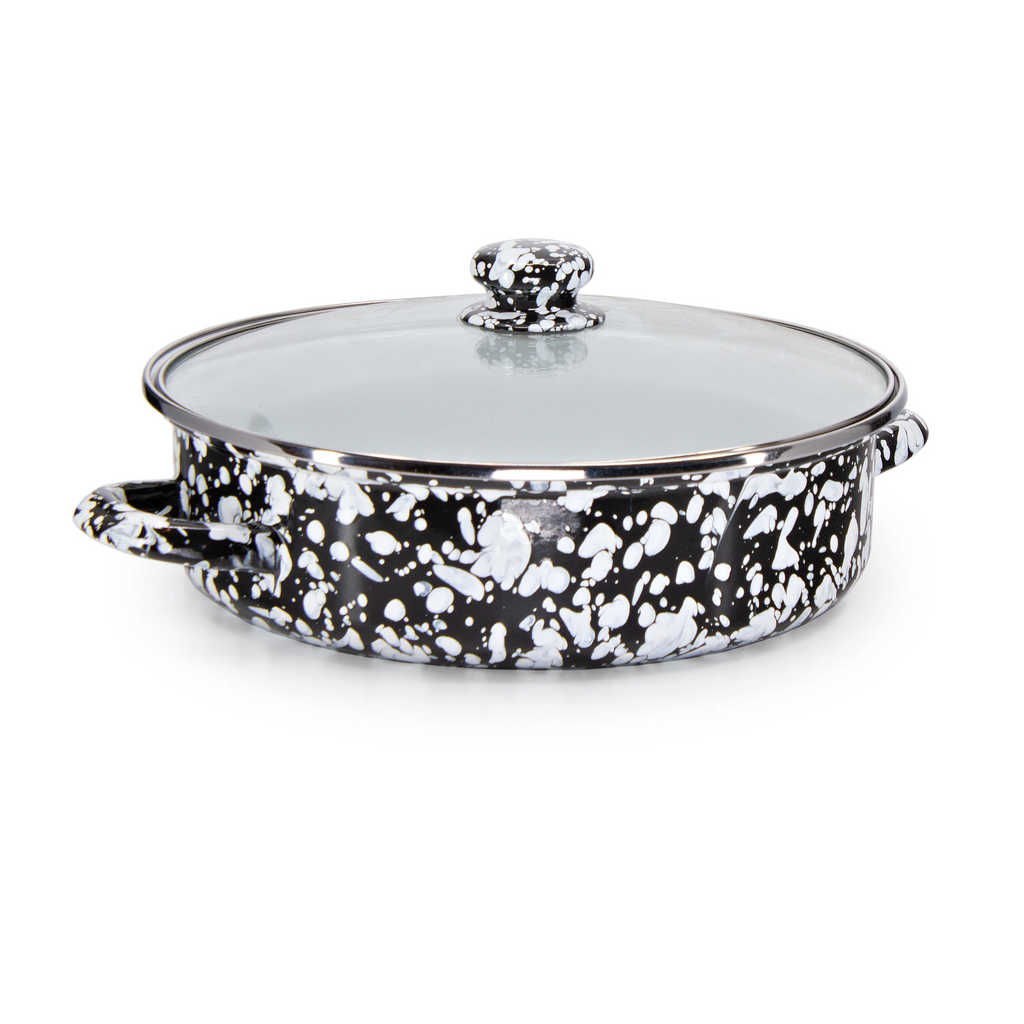 Enamelware Sauté Pan/ Casserole with Glass Lid - 5 Quart -Black Swirl