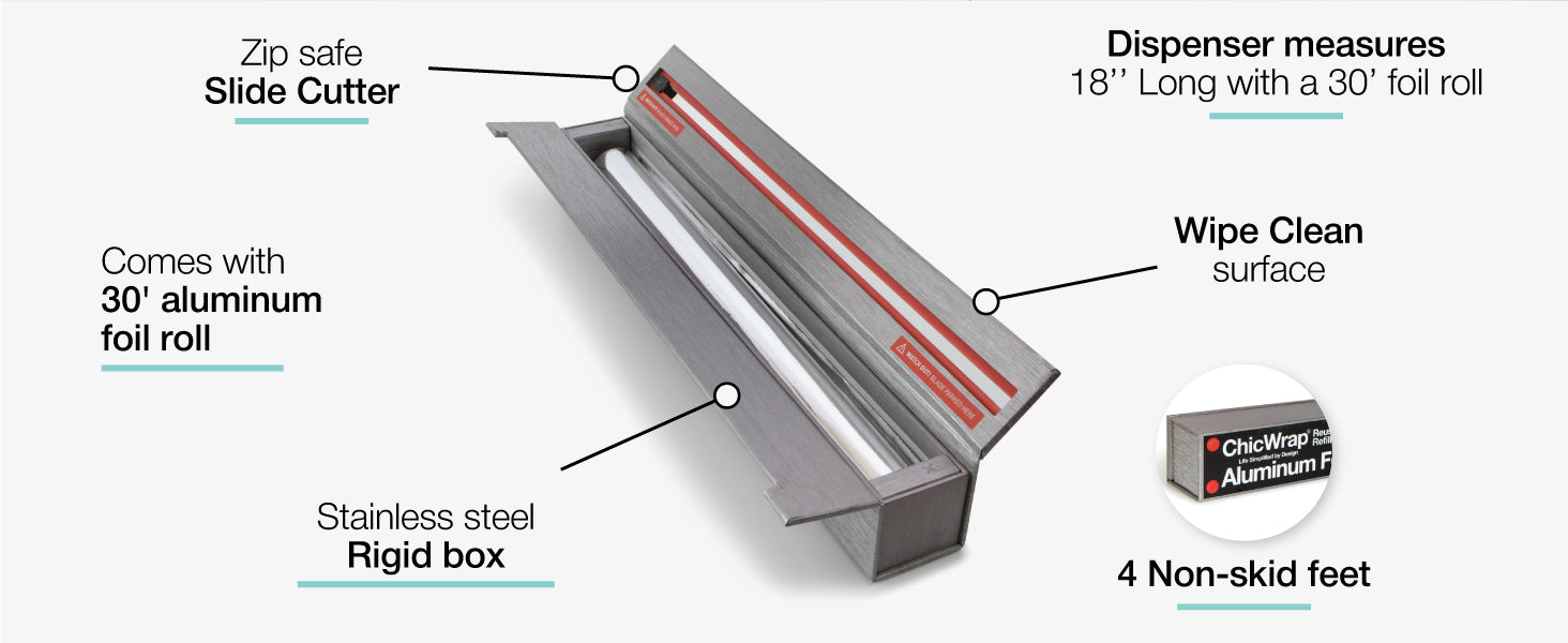 CLOSEOUT ChicWrap Reusable Aluminum Foil Dispenser with 30' ft Foil Roll -XL