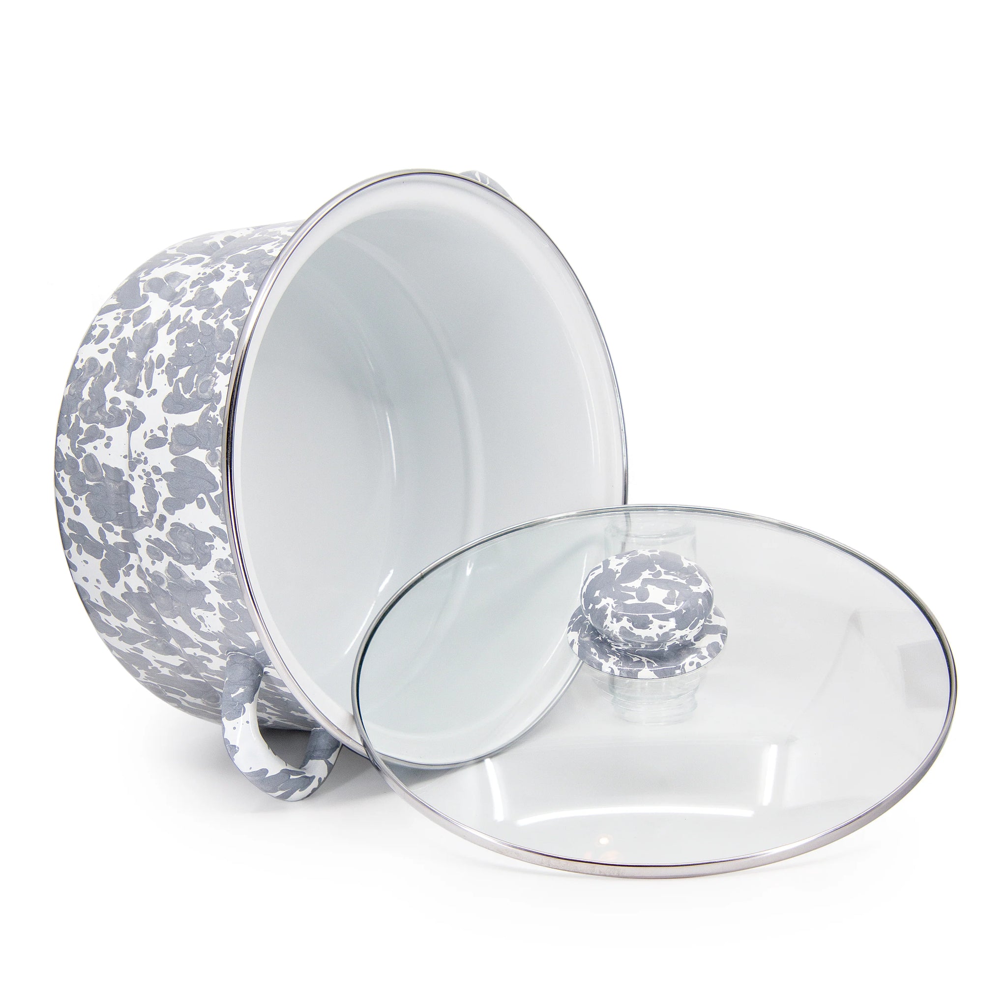 Enamelware 6 Quart Stock Pot with Glass Lid - Grey Swirl