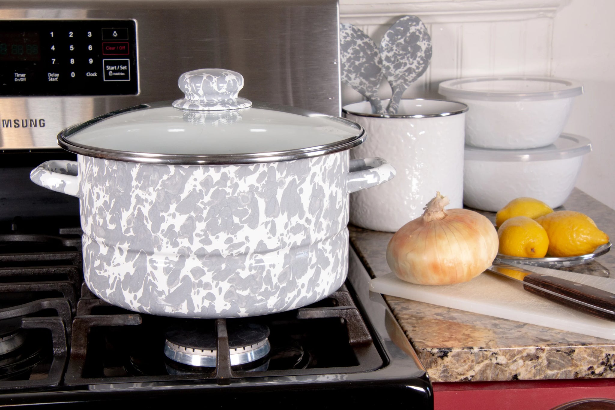 Enamelware 6 Quart Stock Pot with Glass Lid - Grey Swirl