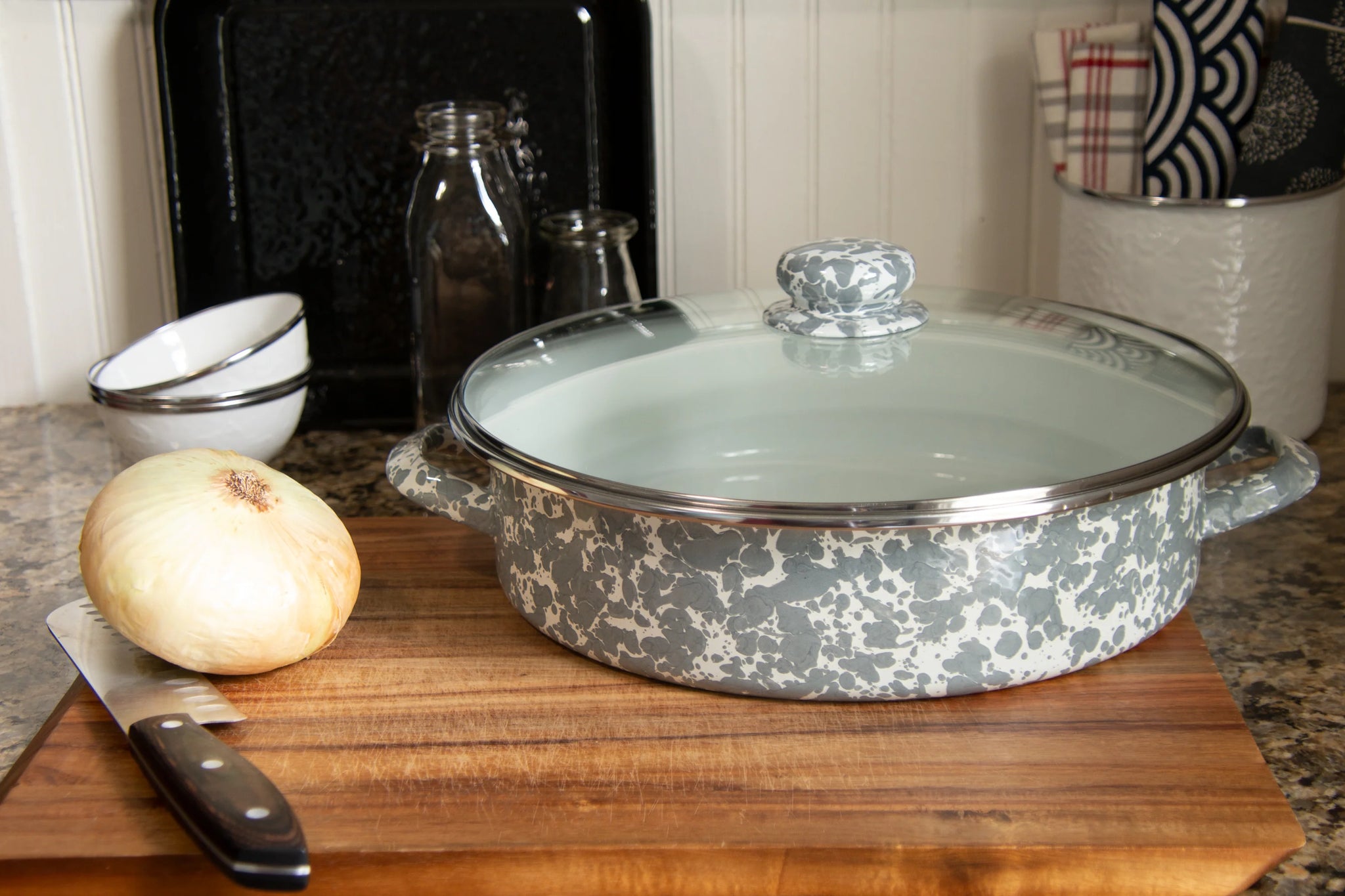 Enamelware Sauté Pan/ Casserole with Glass Lid - 5 Quart -Grey Swirl