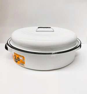 Large 18" inch Enameled White Roaster with Rack -15 lb Capacity