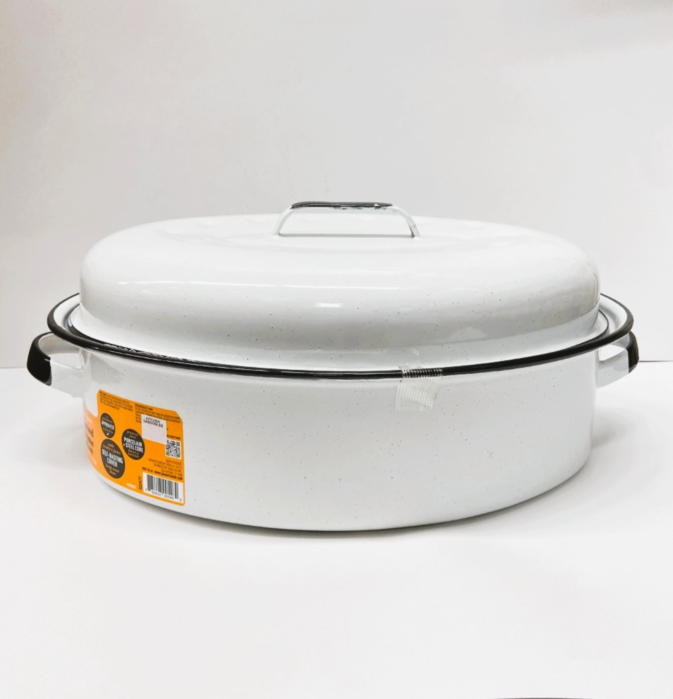 Large 18" inch Enameled White Roaster with Rack -15 lb Capacity