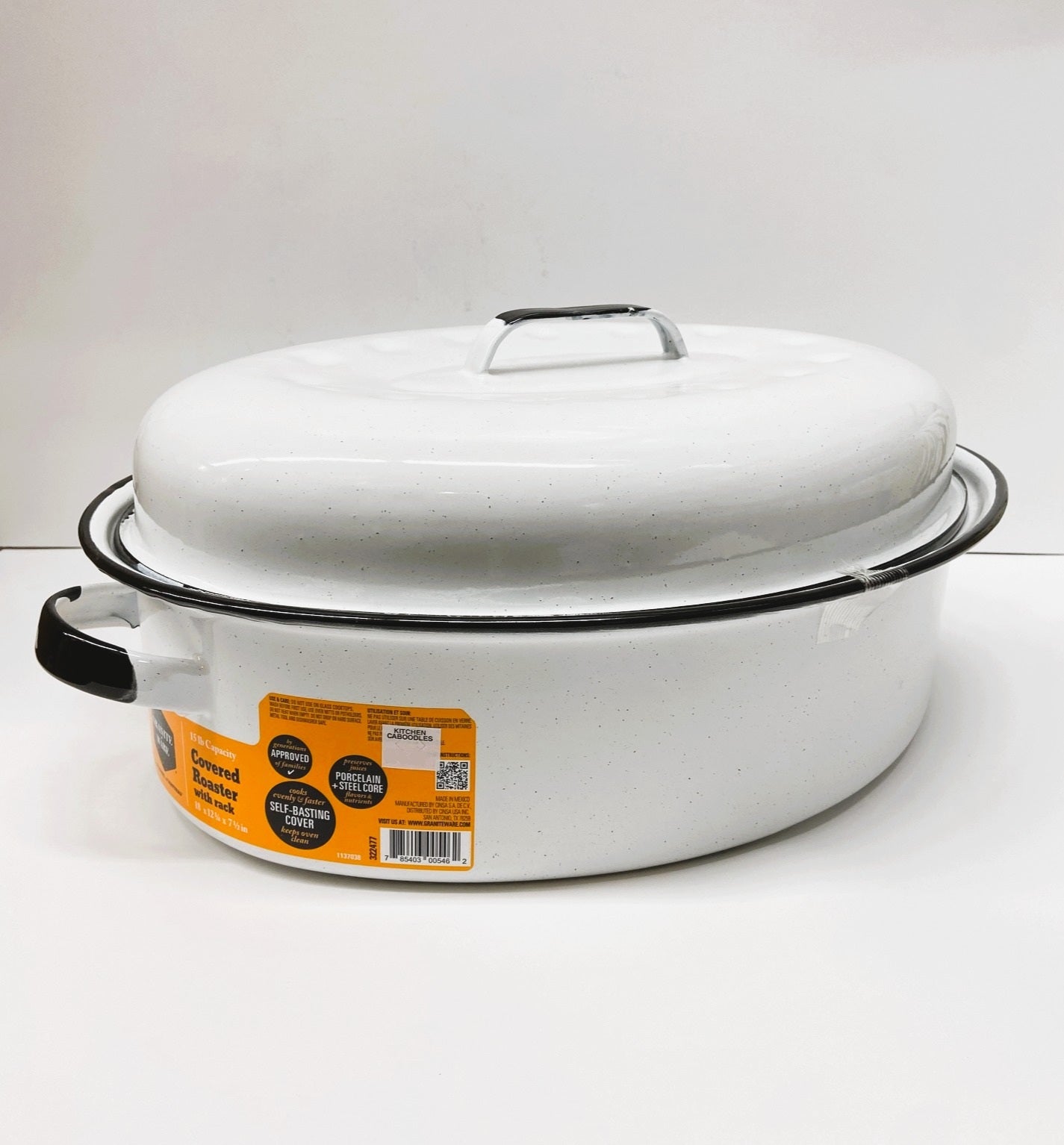 Large 18" inch Enameled White Roaster with Rack -15 lb Capacity