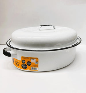 Large 18" inch Enameled White Roaster with Rack -15 lb Capacity