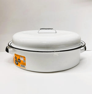 Large 18" inch Enameled White Roaster with Rack -15 lb Capacity