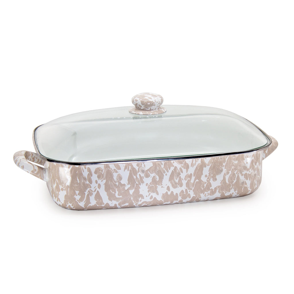 Enamelware Roasting Pan with Glass Lid - 10.5 Quart -Taupe Swirl