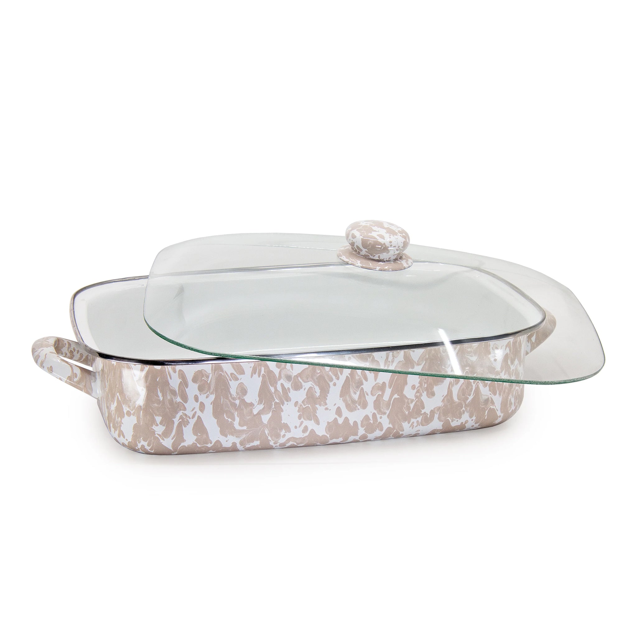 Enamelware Roasting Pan with Glass Lid - 10.5 Quart -Taupe Swirl