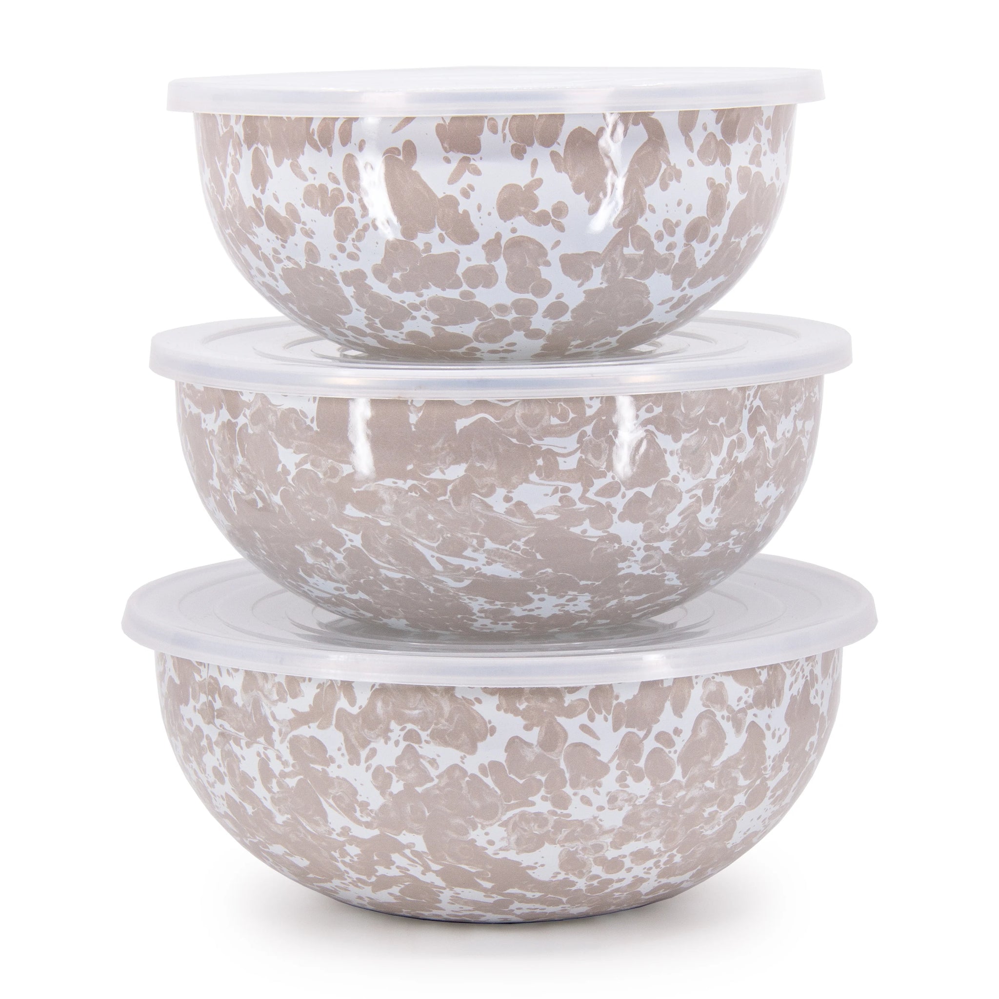 Enamelware 3-Piece Nesting Mixing Bowl Set with Lids -Taupe Swirl