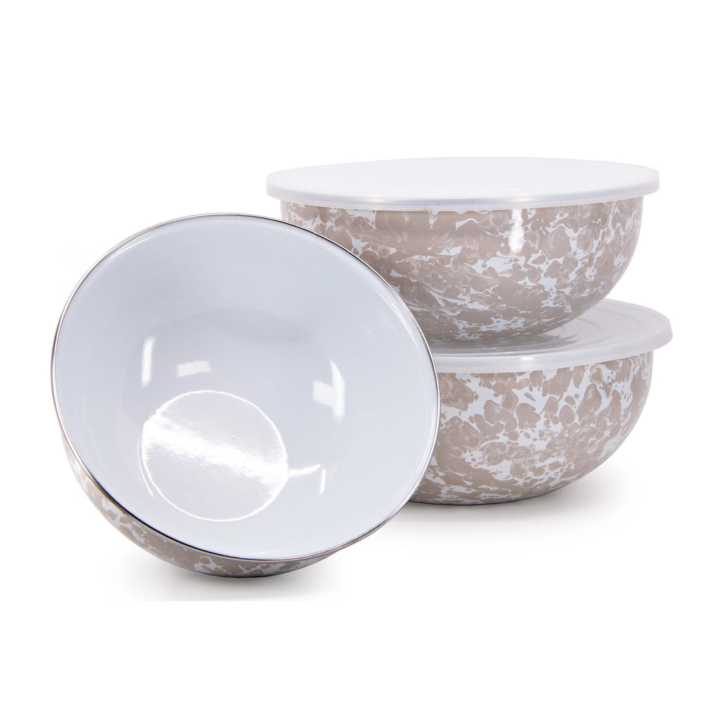 Enamelware 3-Piece Nesting Mixing Bowl Set with Lids -Taupe Swirl