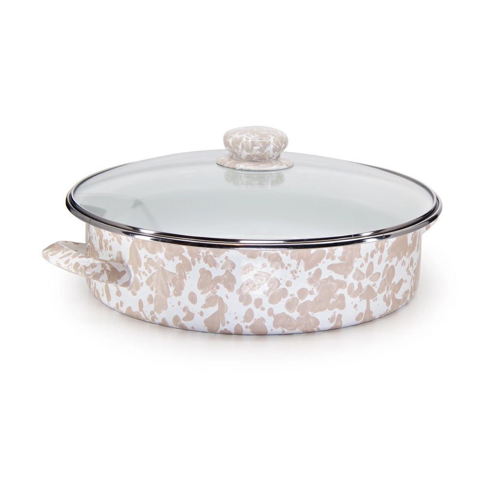 Enamelware Sauté Pan/ Casserole with Glass Lid - 5 Quart -Taupe Swirl