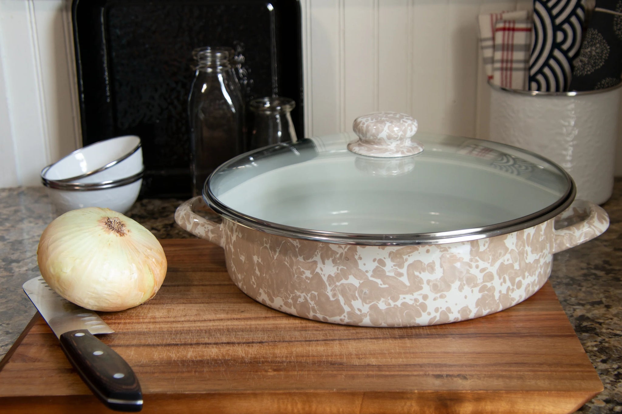 Enamelware Sauté Pan/ Casserole with Glass Lid - 5 Quart -Taupe Swirl