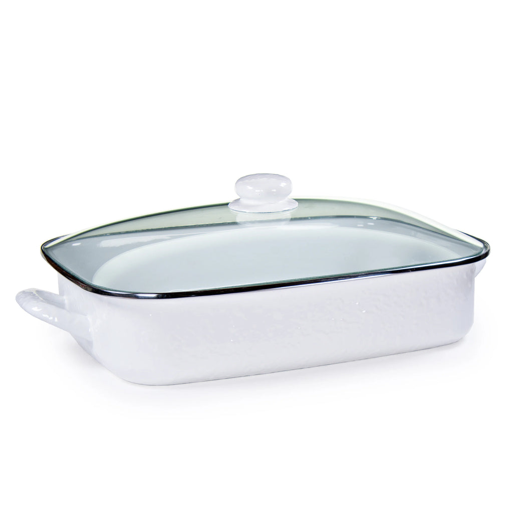 Enamelware Roasting Pan with Glass Lid - 10.5 Quart -White Swirl