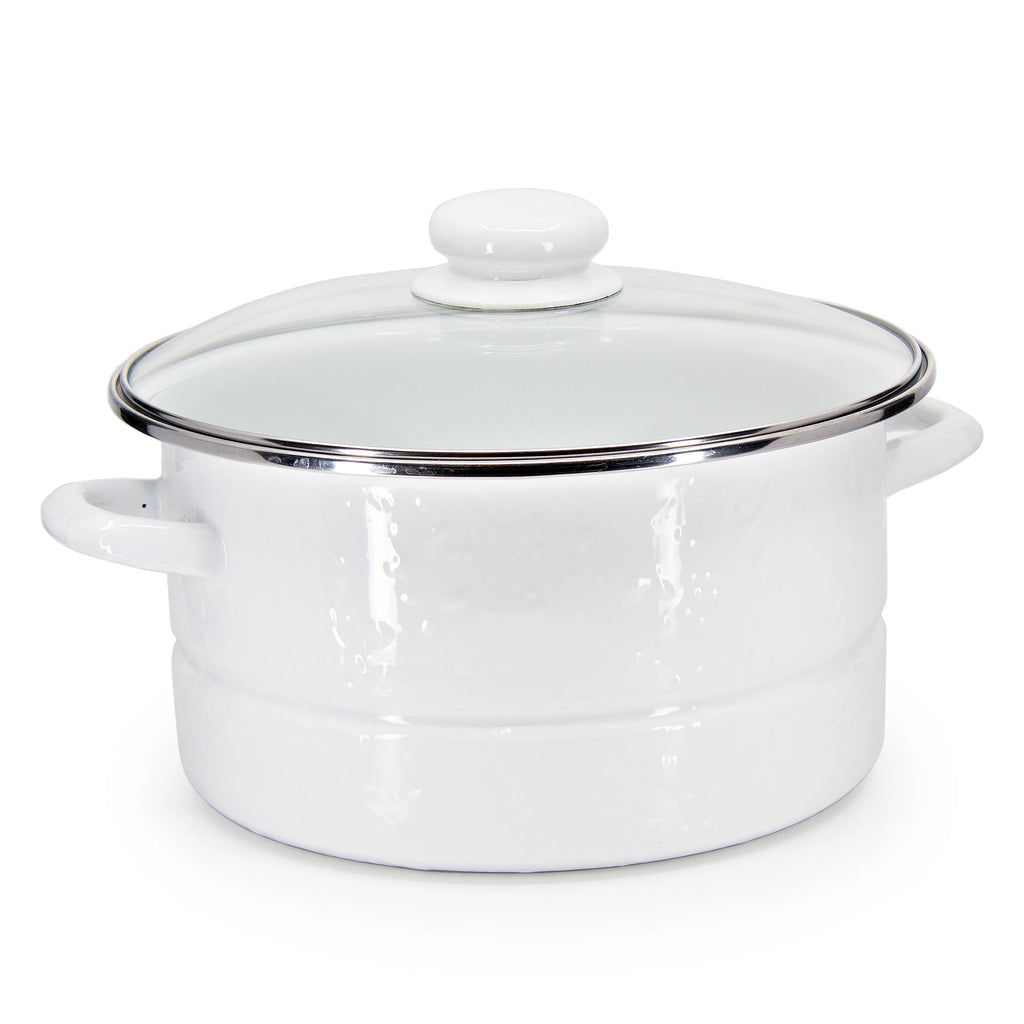 Enamelware 6 Quart Stock Pot with Glass Lid - White Textured