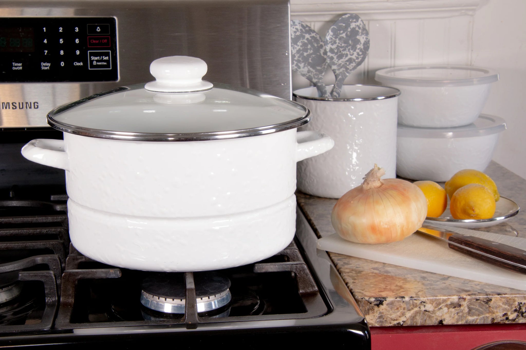 Enamelware 6 Quart Stock Pot with Glass Lid - White Textured