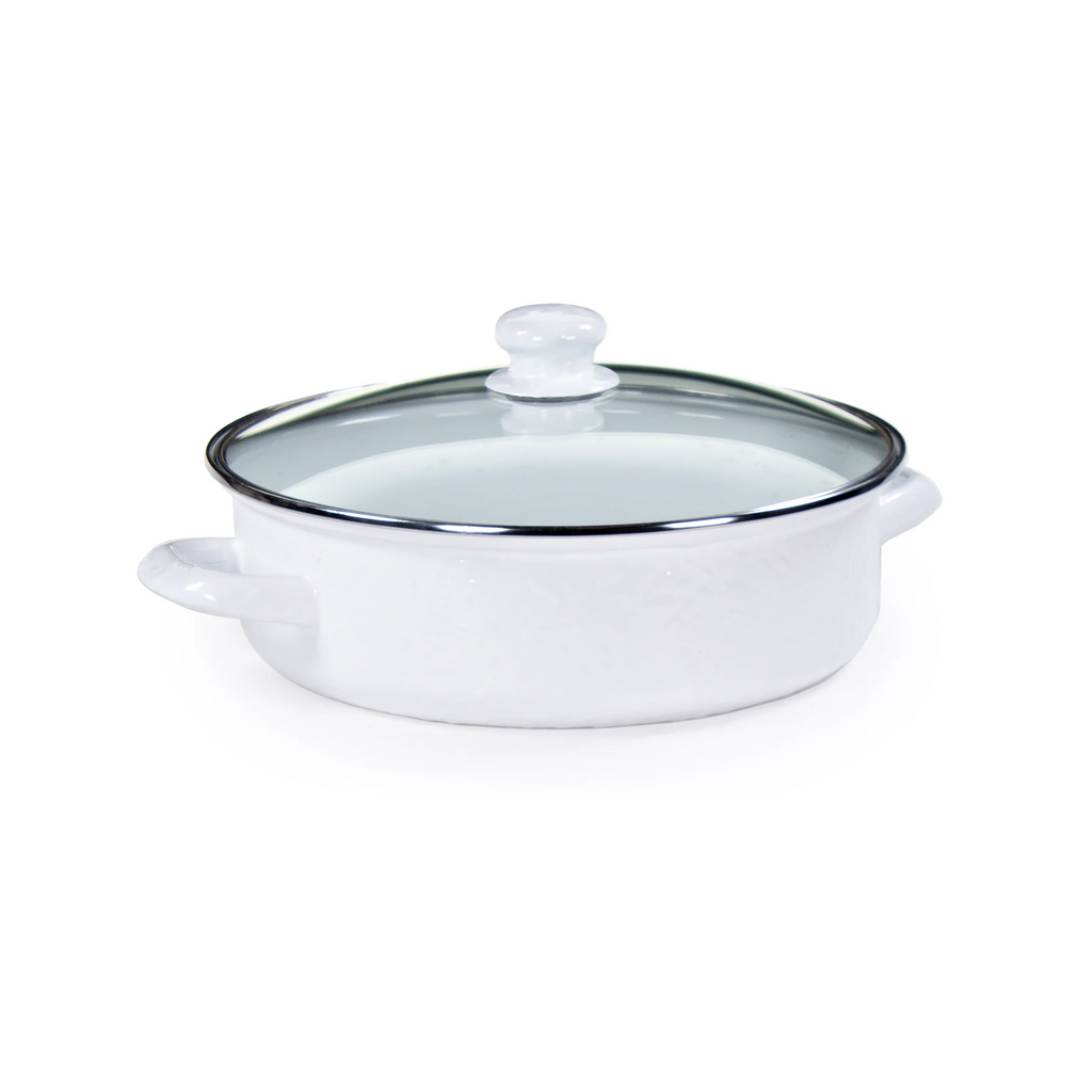 Enamelware Sauté Pan/ Casserole with Glass Lid - 3 Quart -White Textured
