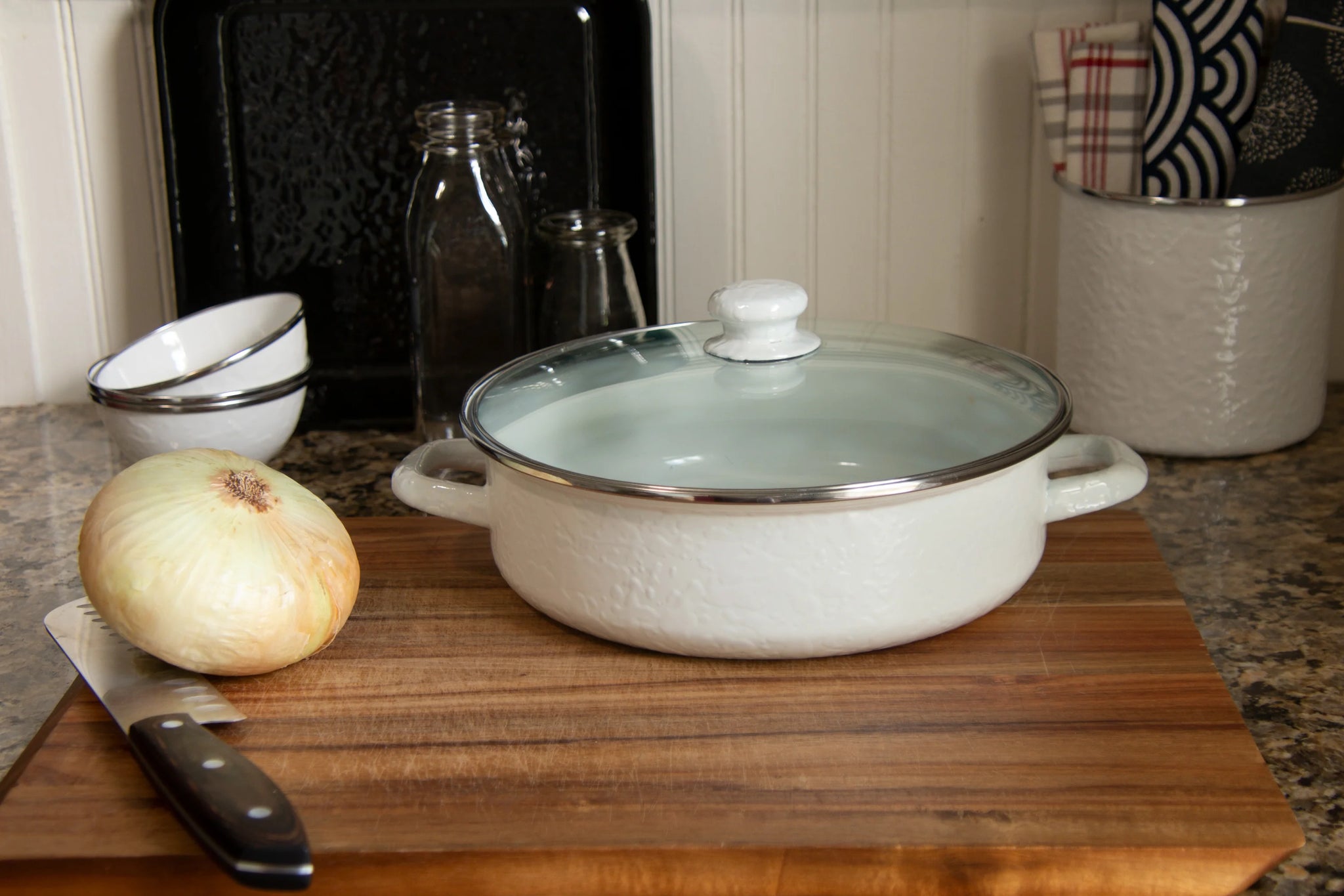 Enamelware Sauté Pan/ Casserole with Glass Lid - 3 Quart -White Textured