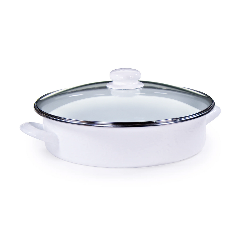 Enamelware Sauté Pan/ Casserole with Glass Lid - 5 Quart -Solid White