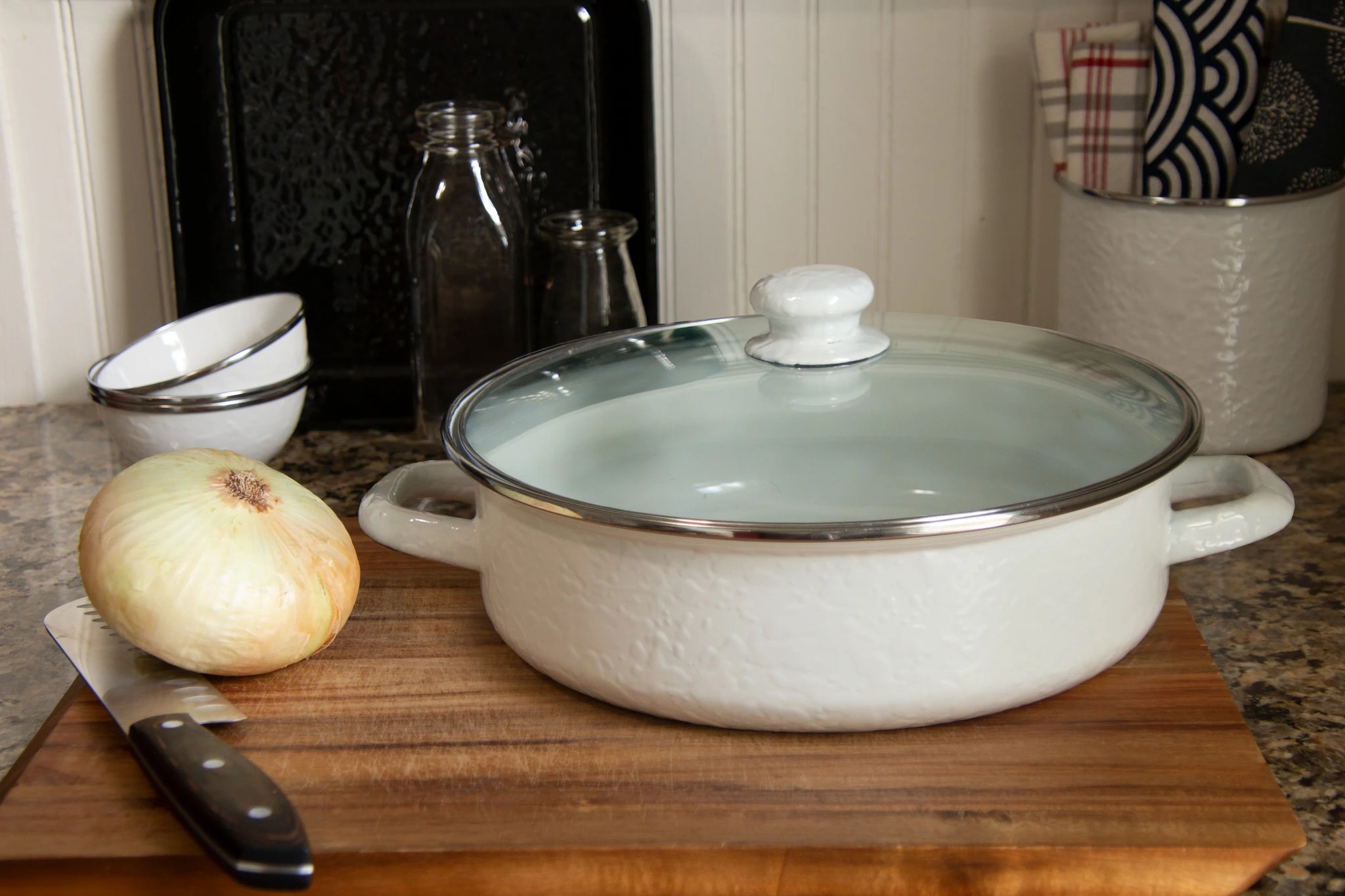 Enamelware Sauté Pan/ Casserole with Glass Lid - 5 Quart -Solid White