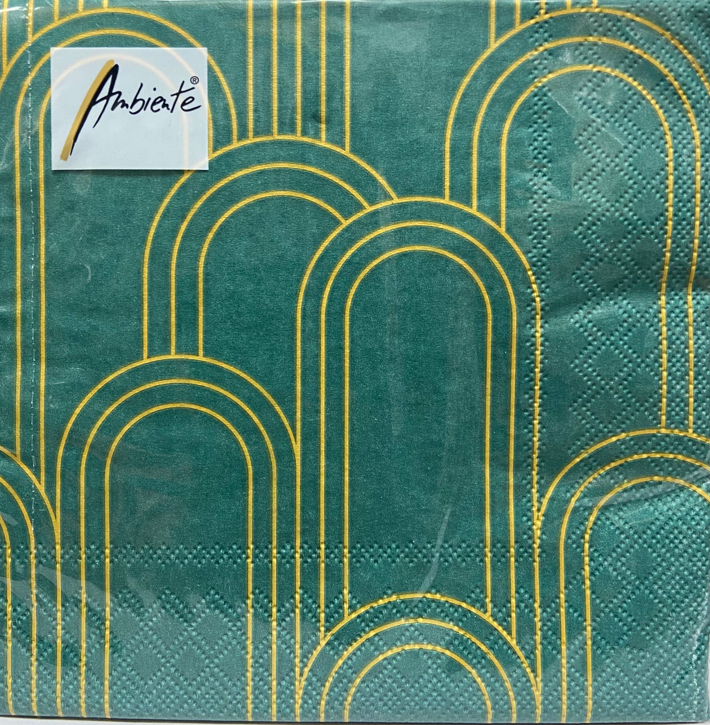 Geometric Gold Green Printed Lunch Napkins - 20 Count