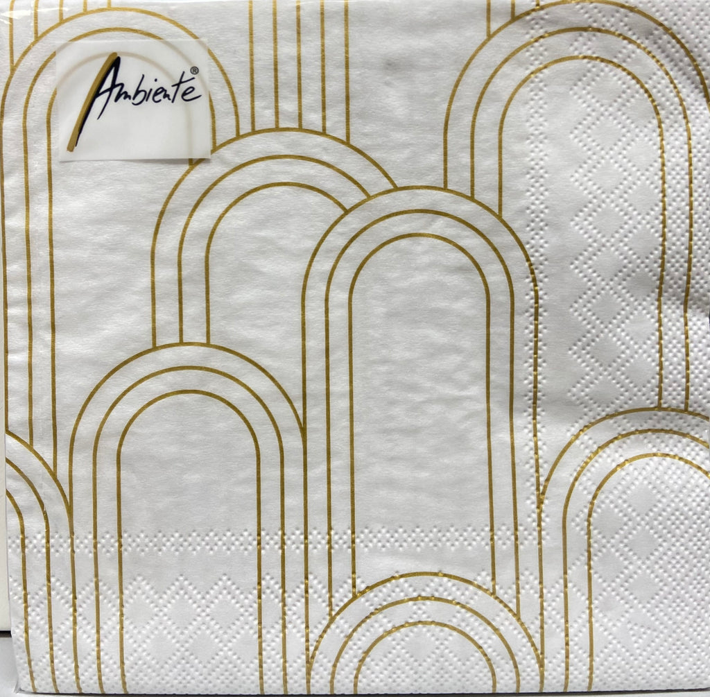 Geometric White Gold Printed Lunch Napkins - 20 Count