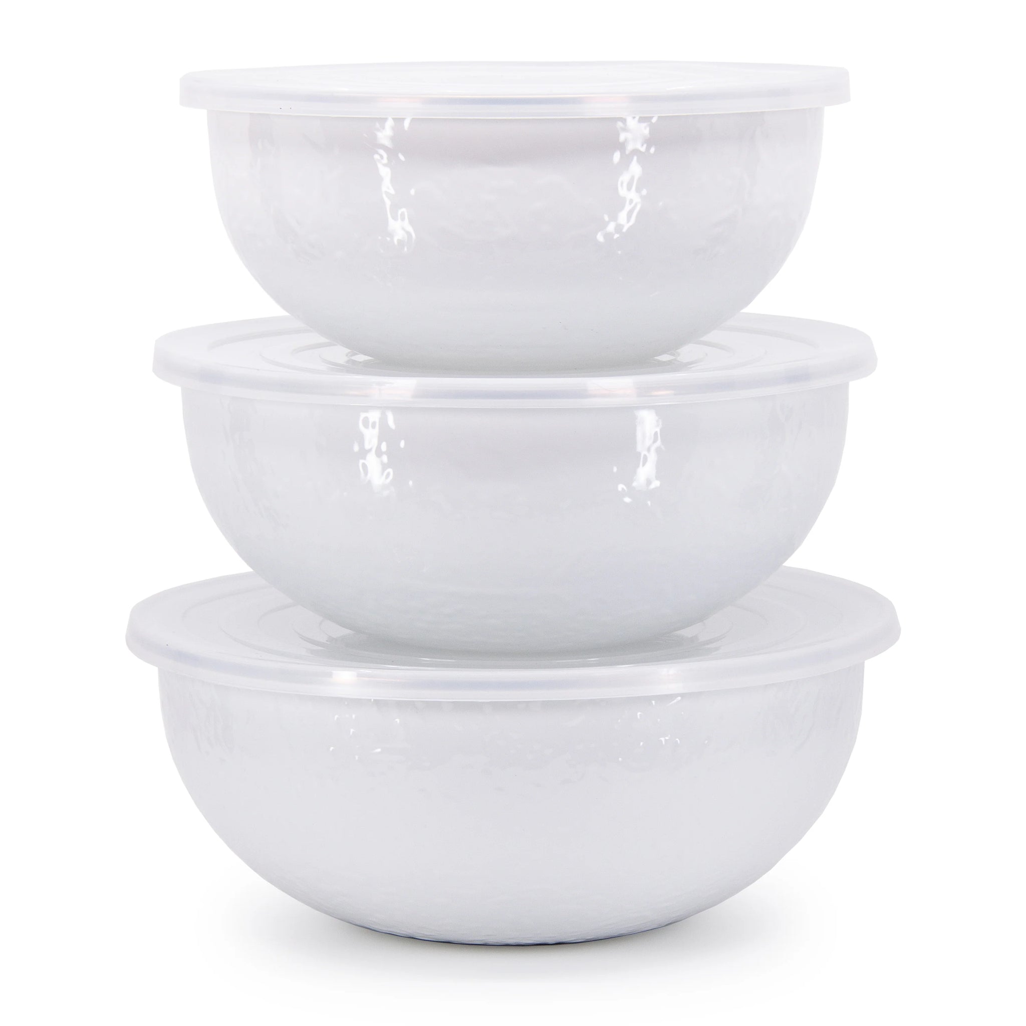 Enamelware 3-Piece Nesting Mixing Bowl Set with Lids -Solid White