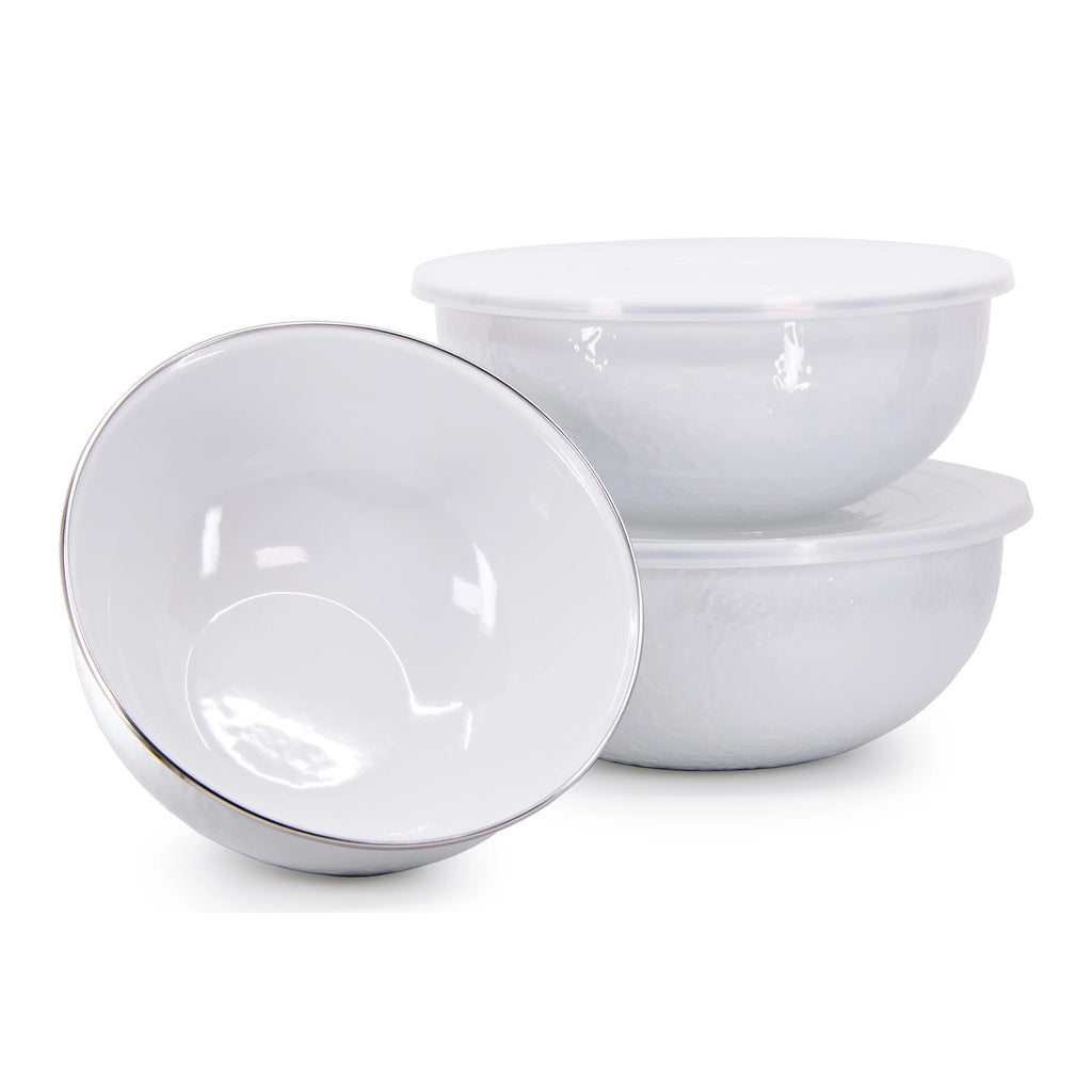 Enamelware 3-Piece Nesting Mixing Bowl Set with Lids -Solid White